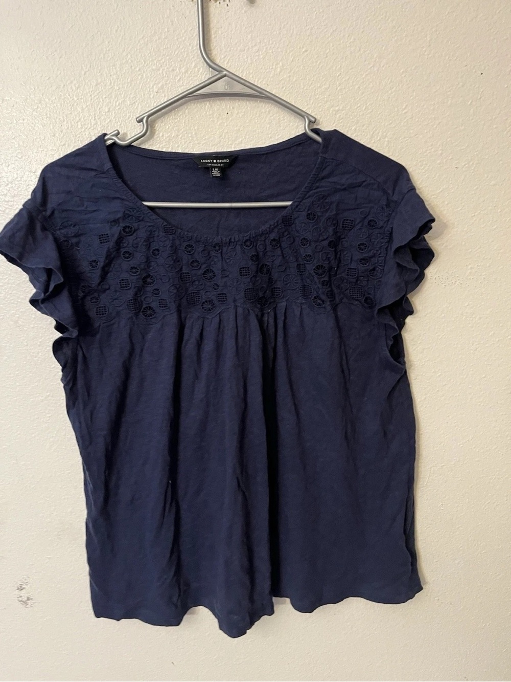 Lucky Brand Navy Eyelet Flutter Sleeve Top
